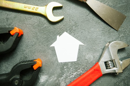 Repair modern tools: wrenches on dark stone background, top view, copy spaceの写真素材