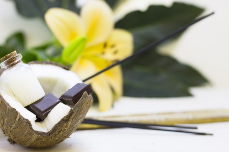 Natural herbal skin care products, top view ingredients coconut, chocalate on table concept of the...