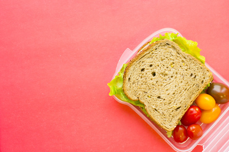School lunch box. Bread, orange, baby corns, carrot and tomatoes in green plastic container. Top view, red backgroundの写真素材