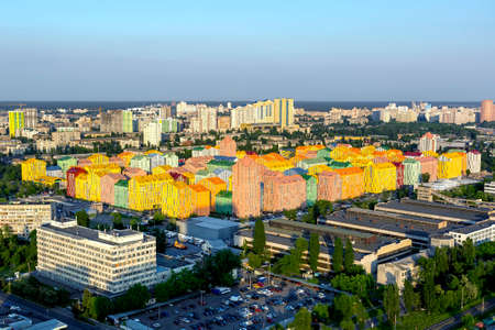 Colored rainbow houses in Kiev aerial view. Panorama