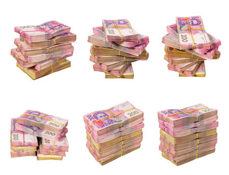 Bundles of money tied with an elastic band. Ukrainian currency hryvniaの写真素材