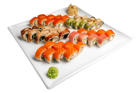 Sushi set on a white plate. Isolated on a white backgroundの写真素材