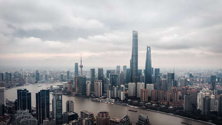 Aerial photography of Shanghai Lujiazui under a cloudy skyのeditorial素材