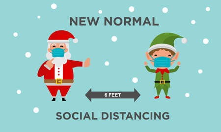 Santa Claus and elf wear masks. Stay social during Christmasのイラスト素材