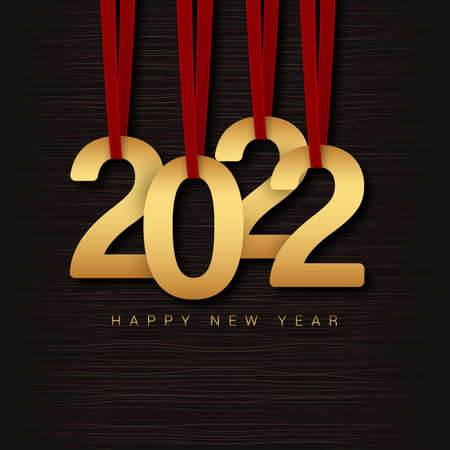 2022 Happy New Year. New Year card with gold letters hanging on red ribbons. Vector 3D illustration.