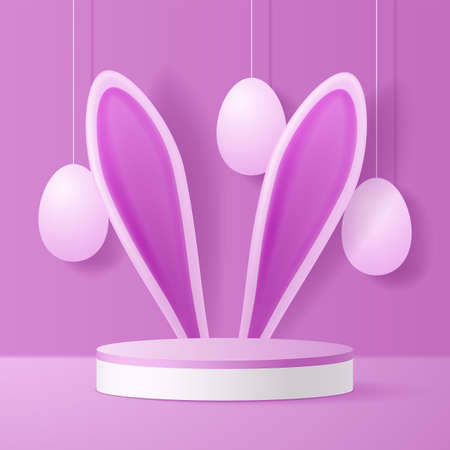3D podium with bunny ears and Easter eggs. Stage with a pedestal on a pink background.のイラスト素材