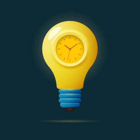 Light bulb with alarm clock or timer. Symbol of idea and inspiration.