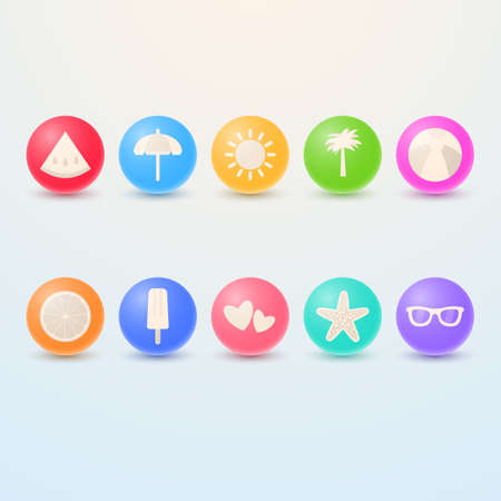 Set of summer icons on realistic multicolored 3D balloons.のイラスト素材
