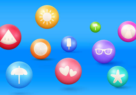 Abstract background with dynamic 3d spheres with summer icons.