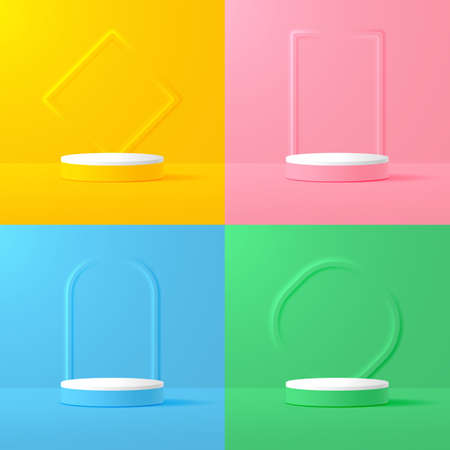 A set of cylindrical podiums of pink blue yellow and green against the background of relief forms of geometric shapes.のイラスト素材