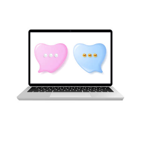 Bright speech bubbles in the form of love hearts with a laptop isolated on a white background.のイラスト素材