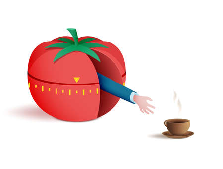 Time management and time control with pomodoro tracker. During the rest, the hand reaches for a cup of coffee.のイラスト素材