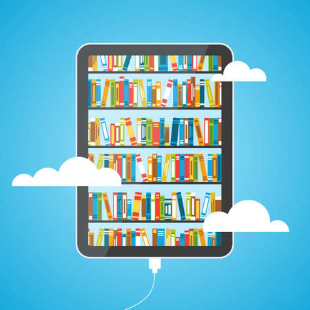 EBook with book shelves with a large number of books on the background of clouds.のイラスト素材