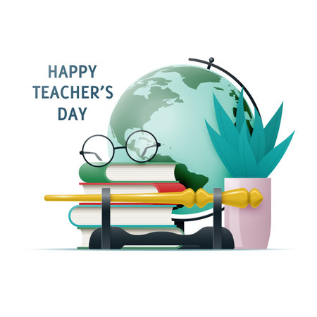 composition for teacher's day. Globe, teacher's pointer, books and glasses isolated on white background.のイラスト素材