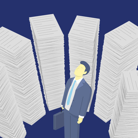 Character businessman among piles of documents. The concept of bureaucracy.