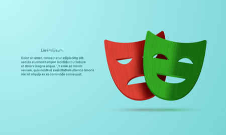 Two theatrical masks of comedy and tragedy, red and green. vector 3d illustration.のイラスト素材