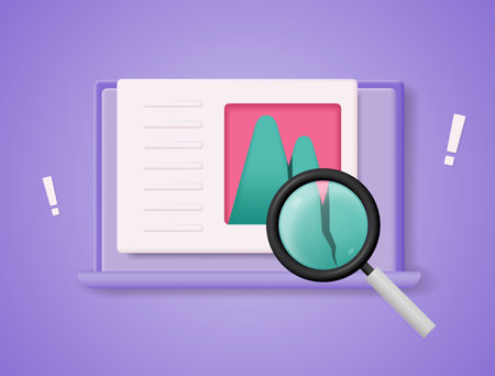Magnifying glass and an open laptop with a chart in the form of mountains with a crack. business analytics concept.のイラスト素材