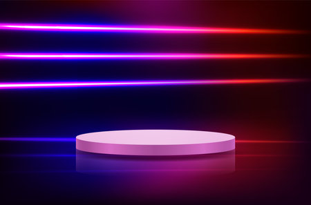 Realistic round podium on bright abstract neon dark background.のイラスト素材