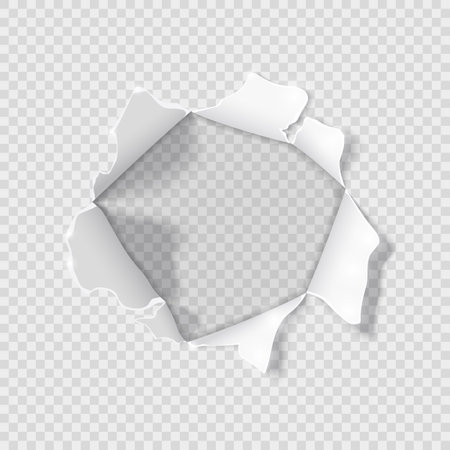 Torn hole on a sheet of paper isolated on a transparent background. vector illustration.のイラスト素材