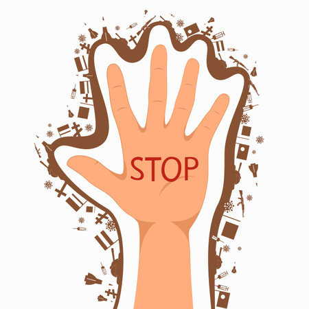 The hand is raised up, on the open palm tex stop. Against wars and propaganda. vector illustration.のイラスト素材