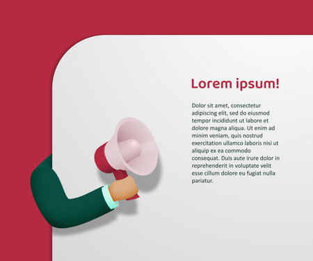 A man's hand is holding a megaphone. Advertising space for text, news or images. vector 3d illustration.のイラスト素材