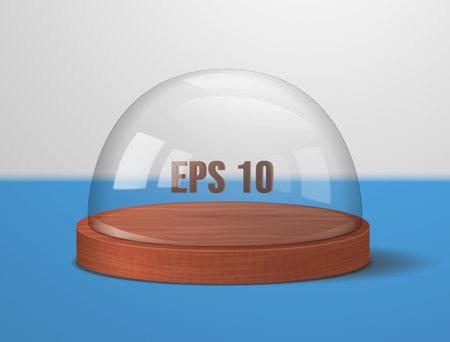 Realistic glass spherical 3d domes. Transparent lid with wooden display tray.のイラスト素材