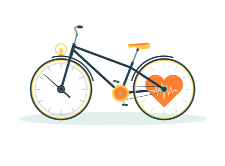 Bicycle with stopwatch and heart with rhythm. The concept of health benefits. vector illustration.のイラスト素材