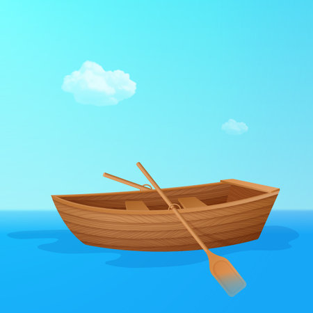 Wooden boat with oars on the background of the sea sky and clouds. vector illustration.のイラスト素材