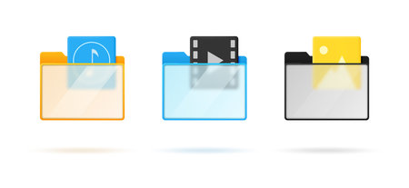 Set of folder icons with multimedia and transparent glass elements isolated on white background. vector illustration.のイラスト素材
