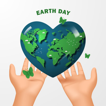 Happy Earth Day. Hands hold the earth globe in the form of a heart.のイラスト素材