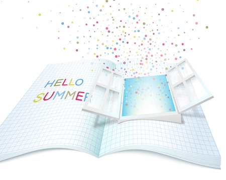 hello summer. An open window on a school notebook from which light shines and multi-colored confetti fly.のイラスト素材