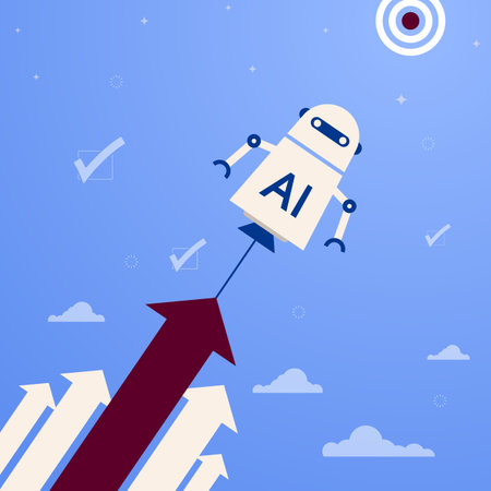 Artificial intelligence in the form of a rocket robot pulls the business or career growth arrows up. business project success.のイラスト素材
