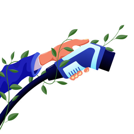 An electric car charging cable in a hand entwined with a green plant with leaves.のイラスト素材