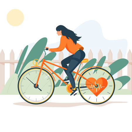 A young sports girl rides a bicycle in nature. healthy lifestyle.のイラスト素材