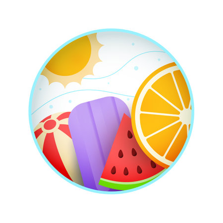 Vector summer round logo or banner template with fruits sun and ball.のイラスト素材