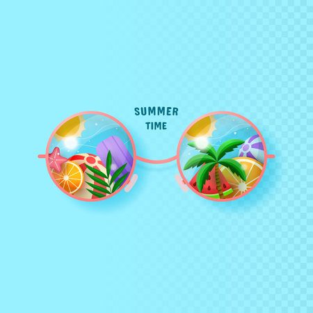 Summer glasses with palm tree, beach ball, orange, watermelon, starfish and sun. hello summer.のイラスト素材