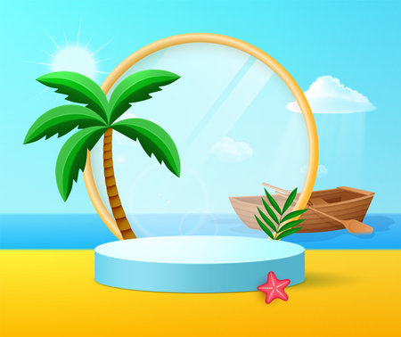 Summer podium on the background of the sea or ocean with a boat, a palm tree and the sun.のイラスト素材