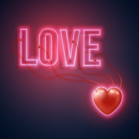 Neon bright inscription love with wires connected to an energy source in the form of a heart.のイラスト素材