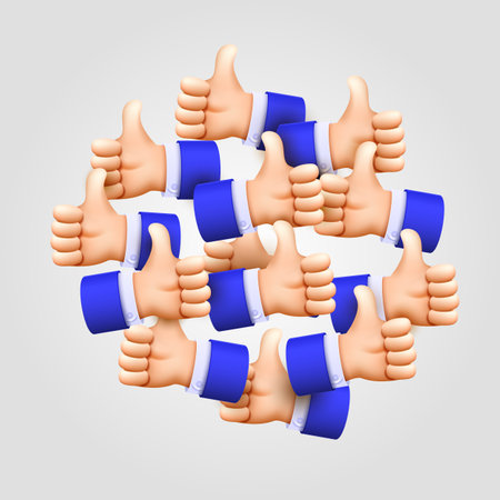 Lots of thumbs up. Like a group. vector 3d illustration.のイラスト素材