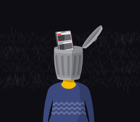 Character with a trash can with a smartphone instead of a head. The concept of redundant information.のイラスト素材