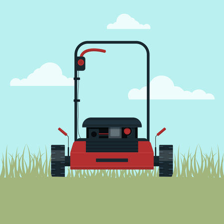 Vector lawn mower on the grass front view against the sky with clouds.のイラスト素材