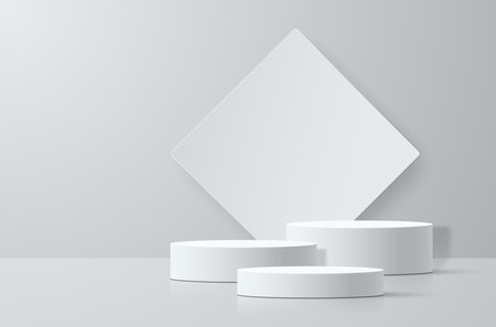 White room with cylindrical podiums. 3d scene for product presentation.のイラスト素材