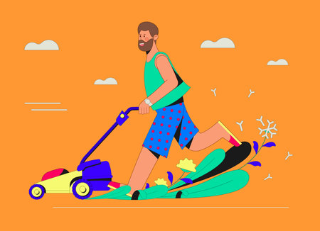Funny lawn mower mows the grass with dandelions on an orange background with clouds.のイラスト素材