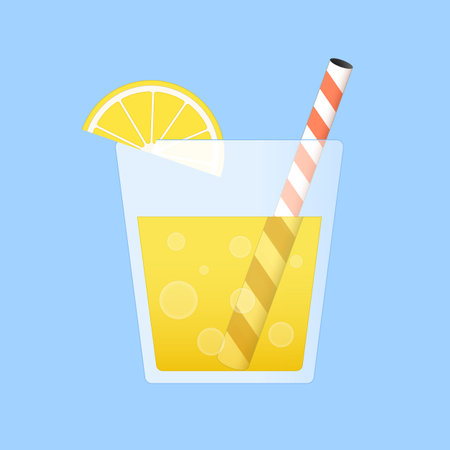 A glass of lemonade with a straw and half a lemon isolated on a light background.のイラスト素材