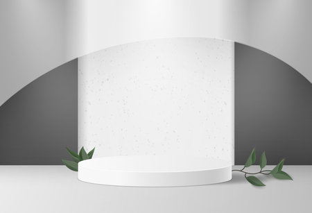 White abstract room with realistic podium and green leaves. 3D scene to showcase your product.のイラスト素材