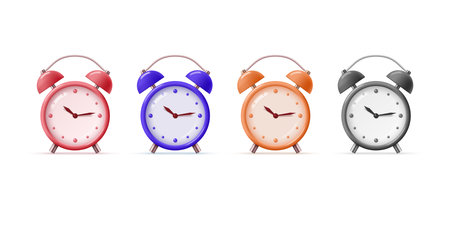 Set of colorful realistic vector 3d alarm clocks isolated on white background.のイラスト素材