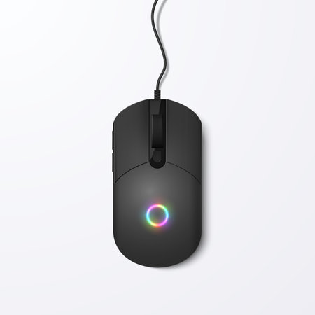 Realistic black computer mouse with colorful neon glowing circle isolated on a light background.のイラスト素材