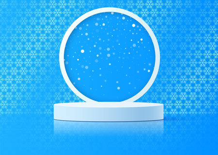 Vector winter round podium on the background of an ornament of snowflakes and a round frame with falling snow.のイラスト素材