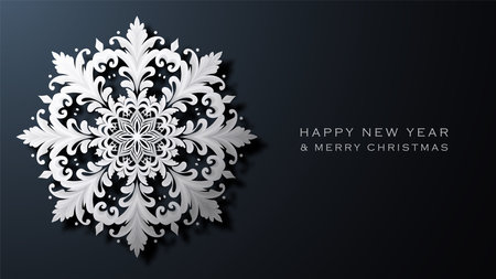 Large white snowflake on a dark background. Merry Christmas and Happy New Year.のイラスト素材