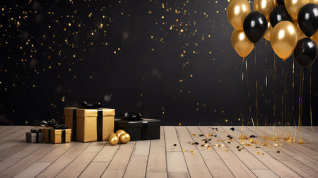 Gift boxes and balloons on a black background. AI generated.の素材